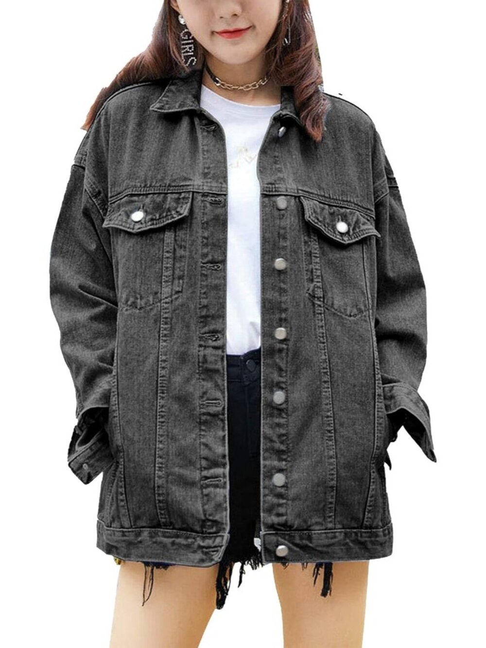 Women's Grey Oversized Denim Mid Long Casual Jacket Fall Trendy with Pockets - Picture 1 of 6